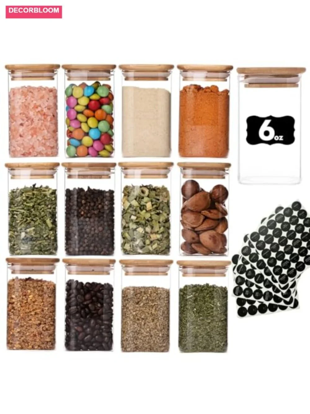 12-Pack 6oz Square Glass Spice Jars with Bamboo Lids and Labels